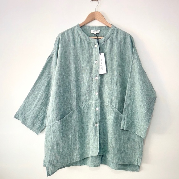 Sahara Club Tops - Sahara Relaxed Button-Front Linen Blouse in Seafoam Green